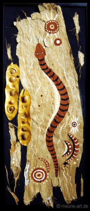 05 Der Pfad der Regenbogenschlange Acryl, Paintingstones und Saat auf Paperbark;
25 x 60 cm;
verkauft